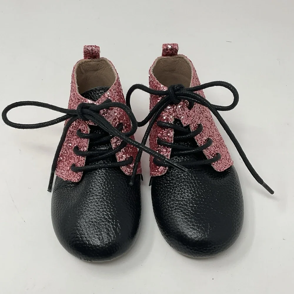 Monkey Feet Shoes Boots Baby Toddler 18-24 M Pink Glitter Black Leather Lace Up